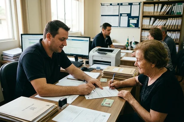 Atendente explicando o processo de renovação de CNH a um cliente.