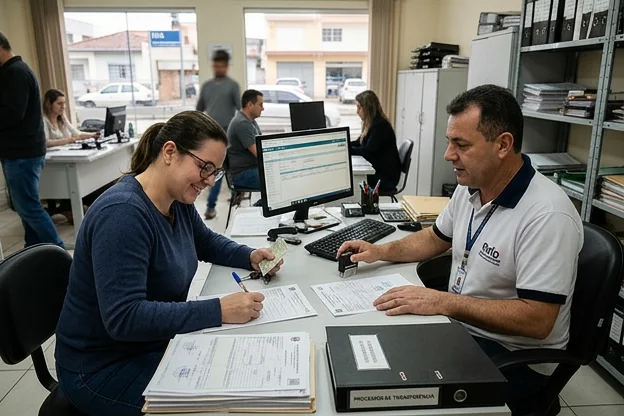 Despachante mostrando a documentação necessária para transferência de veículo.