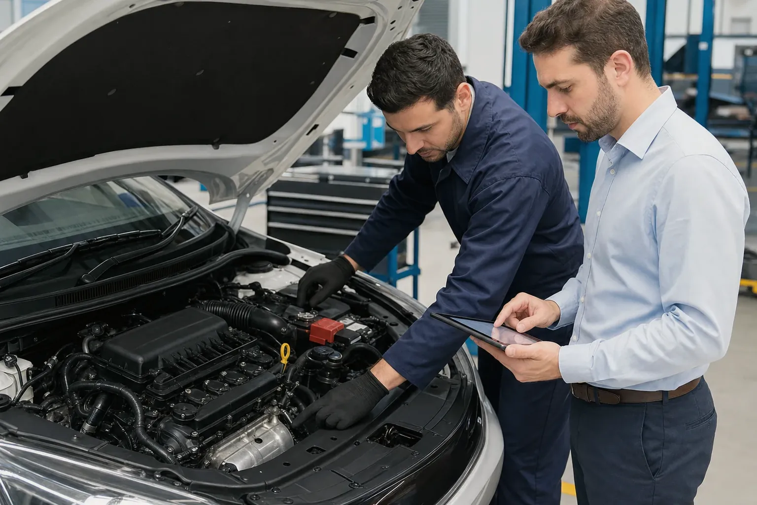 Despachante registrando dados de motor de veículo em um computador.