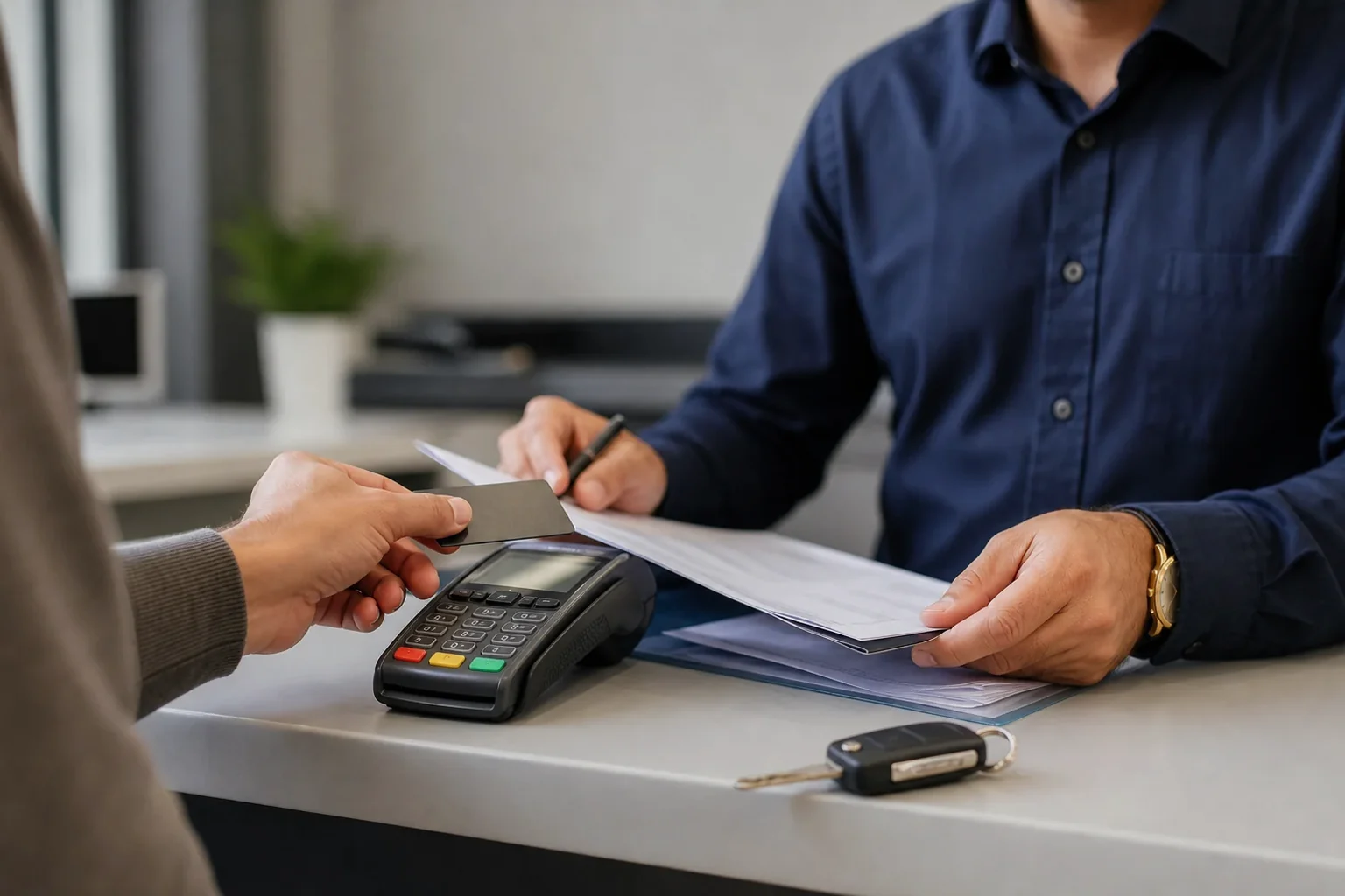 Profissional ajudando um cliente com pagamentos relacionados a débitos de veículos.