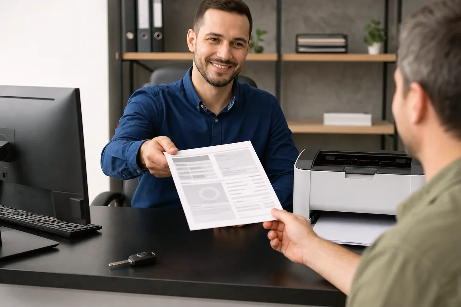 Profissional realizando impressão do CRLV-e a partir de um computador e impressora.
