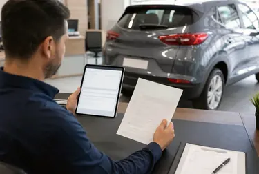 Profissional revisando documentos de licenciamento de veículo em um ambiente de trabalho.